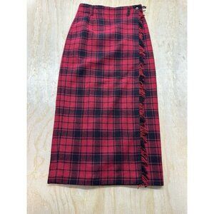 Breeches Plaid Wrap Skirt 100% Wool Fringe Trim‎ Midi Vintage Made In USA Red 4